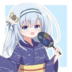  1girl :d assault_lily blue_background blue_eyes blue_hairband blue_kimono blue_ribbon blush border commentary_request grey_hair hair_between_eyes hair_ribbon hairband hand_fan hands_up holding holding_fan japanese_clothes kimono long_hair long_sleeves looking_at_viewer multicolored_hairband obi open_mouth outline outside_border paper_fan ri_(pikatexiu_106) ribbon sash simple_background smile solo tsuboi_nanaho two-tone_hairband two-tone_ribbon uchiwa upper_body white_border white_hairband white_outline white_ribbon wide_sleeves 