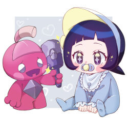  +_+ 1girl aged_down black_eyes black_hair blush_stickers cheru_(ankh3373) commentary_request eyelashes grey_pupils highres long_sleeves mouth_hold onesie own_hands_together pacifier pokemon pokemon_(creature) pokemon_scarlet_and_violet poppy_(pokemon) sitting sparkle tinkatink toddler 