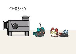  3girls ? @_@ arknights chibi dragon_bean_(arknights) dusk_(arknights) ling_(arknights) lobotomy_corporation machine multiple_girls nian_(arknights) possessed project_moon singing_machine trash_bag zedchan 