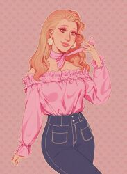 1boy blonde_hair choker commentary crossdressing crossdressing_(mtf) denim drag_queen earrings english_commentary eyeliner eyeshadow fingernails flower_earrings high-waist_pants highres jeans jewelry lavender-bloom-m lips lipstick long_eyelashes long_sleeves makeup male_focus off-shoulder_shirt off_shoulder pants real_life ribbon_choker shirt smile solo standing trap trixie_mattel 