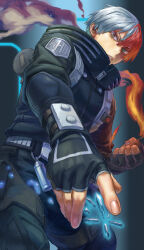  1boy absurdres badge belt black_gloves blue_background blue_eyes blurry blurry_foreground boku_no_hero_academia bright_pupils burn_scar clenched_hand commentary_request cryokinesis dutch_angle eyebrows_hidden_by_hair feet_out_of_frame fingerless_gloves fingernails fire foreshortening from_side gloves glowing gradient_background grey_eyes grey_pupils hair_between_eyes heterochromia high_collar highres ice ice_shard jacket looking_at_viewer looking_to_the_side male_focus multicolored_hair official_alternate_costume outstretched_arm pants partial_commentary pyrokinesis reaching reaching_towards_viewer red_hair revision sanpaku scar scar_on_face short_hair sideways_glance solo split-color_hair todoroki_shoto tsurime two-tone_hair utility_belt v-shaped_eyebrows white_hair yomoyama_yotabanashi 