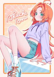 1girl akechi_anna commentary green_shorts highres long_hair long_sleeves meitantei_precure! midriff navel nnnnchisso orange_hair parka precure shorts sitting socks solo untranslatable_commentary white_socks