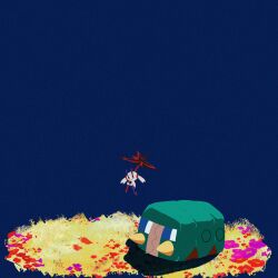  black_flower blue_background blue_eyes bug charjabug closed_mouth colored_skin floating floette floette_(eternal) flower highres holding holding_flower mandibles nama86 no_humans pokemon pokemon_(creature) pokemon_focus red_flower smile white_skin 