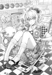  1girl ahoge alisa_mikhailovna_kujou commentary_request gloves hand_up highres holding holding_phone kneehighs knees_up knit_socks looking_at_viewer mary_janes monochrome official_art parted_lips phone shoes short_sleeves sitting socks solo tenacitysaho tokidoki_bosotto_roshia-go_de_dereru_tonari_no_alya-san 