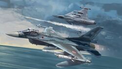 1boy 1other absurdres afterburner air-to-air_missile air-to-surface_missile aircraft airplane canopy_(aircraft) commentary_request commission fighter_jet flying helmet highres iris-t japan_air_self-defense_force japan_self-defense_force kudryavka_trop military military_vehicle mitsubishi_aam-3 mitsubishi_f-2 ocean pilot pilot_helmet saab saab_gripen signature skeb_commission sky twitter_username vehicle_focus