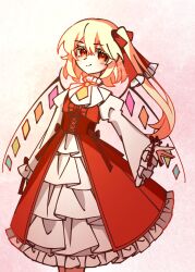  1girl alternate_costume blonde_hair bow closed_mouth commentary_request corset crystal crystal_wings dress flandre_scarlet frilled_dress frilled_sleeves frills hair_between_eyes hair_bow highres illust_atelier3 juliet_sleeves long_hair long_sleeves looking_at_viewer multicolored_wings necktie one-hour_drawing_challenge one_side_up puffy_sleeves red_bow red_corset red_eyes signature smile solo touhou wide_sleeves wings yellow_necktie 