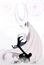  2others bano_akira black_eyes black_skin blush cloak colored_skin grey_cloak hollow_eyes hollow_knight hollow_knight_(character) horned_mask hug knight_(hollow_knight) mask multiple_others pure_vessel siblings white_cloak white_mask 