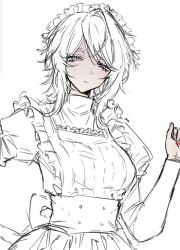  1girl blue_eyes breasts commentary_request dress faust_(project_moon) gmxh_mx korean_commentary limbus_company looking_at_viewer maid maid_headdress partially_colored project_moon short_hair simple_background solo upper_body white_background white_hair 