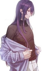  1boy black_sweater blue_shirt casual closed_mouth collared_shirt commentary_request cowboy_shot ensemble_stars! from_side frown hair_between_eyes hair_down kanzaki_souma long_hair long_sleeves looking_down male_focus pants profile purple_hair ruriruri772 shirt shirt_partially_removed simple_background solo striped_clothes striped_shirt sweater sweater_tucked_in turtleneck turtleneck_sweater twitter_username undressing violet_eyes white_background white_pants 
