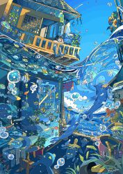  1girl absurdres air_bubble anglerfish balcony barefoot blue_sky blue_theme bottle brown_hair bubble building butterflyfish can chair closed_mouth clouds commentary_request dolphin fish flower highres ladder morning_glory nara_lalana ocean octopus one-piece_swimsuit original outdoors painting_(object) partially_underwater_shot plant purple_flower sea_turtle shark short_hair sitting sky smile solo starfish sunflower swimsuit tile_roof translation_request tropical_fish turtle underwater underwater_city vending_machine water window wooden_chair yellow_flower 
