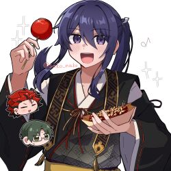 :d akatsuki_(ensemble_stars!) black_hair black_kimono blush candy_apple chibi chibi_inset closed_eyes commentary_request curtained_hair earrings ensemble_stars! floating_hair food furrowed_brow glasses green_hair grey-framed_eyewear hair_between_eyes hair_intakes happy hasumi_keito head_only highres holding holding_food japanese_clothes jewelry kanzaki_souma kimono kiryu_kuro long_hair long_sleeves looking_at_viewer male_focus motoyui multiple_earrings musical_note outline parted_bangs ponytail purple_hair quarrel_festival_(ensemble_stars!) red_hair ribbon-trimmed_sleeves ribbon_trim sako_nako sayagata sidelocks simple_background smile sparkle spiky_hair sweatdrop takoyaki takoyaki_pick tassel teeth twitter_username upper_body upper_teeth_only v-shaped_eyebrows white_background white_outline wide_sleeves 