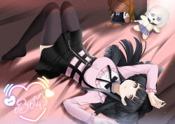  1girl absurdres arms_up artist_name black_bow black_bowtie black_skirt black_thighhighs blunt_bangs blunt_ends bow bowtie breasts brown_eyes commentary_request doll dutch_angle frilled_shirt frilled_sleeves frills full_body hair_spread_out heart highres hime_cut idolmaster idolmaster_shiny_colors jirai_kei knees_together_feet_apart large_breasts long_hair long_sleeves looking_at_viewer lying mayuzumi_fuyuko miniskirt no_shoes on_back on_bed open_mouth pink_shirt pleated_skirt shirt sidelocks skirt smile solo t_kutkut thigh-highs two_side_up 