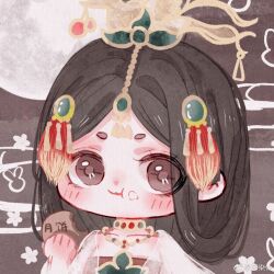  1girl :t bird_hair_ornament brown_background brown_eyes brown_hair brown_pupils chewing chibi chinese_clothes chinese_commentary choker closed_mouth commentary_request crumbs dress eating eyelashes eyes_visible_through_hair feather_hair_ornament feathers flower food food_bite forehead_jewel full_moon gem gem_hair_ornament gold_choker gold_necklace green_gem hair_ornament hair_rings half_updo happy holding holding_food jacket jewelry light_blush long_hair long_sleeves moon mooncake necklace nikki_(series) open_clothes open_jacket red_dress see-through_clothes see-through_jacket shining_nikki sight_of_the_moon_(shining_nikki) smile solo strapless strapless_dress tareme topknot upper_body watermark weibo_watermark white_jacket xiangyun ziran_w 