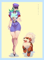  1girl blue_hat bluemist72 breasts closed_eyes closed_mouth commentary cup disposable_coffee_cup disposable_cup fangs gloves green_hair growlithe hat highres holding holding_cup holding_poke_ball long_hair medium_breasts miniskirt officer_jenny open_mouth poke_ball poke_ball_(basic) pokemon pokemon_(anime) pokemon_(classic_anime) pokemon_(creature) police police_hat police_uniform policewoman shirt short_sleeves skirt smile white_gloves 