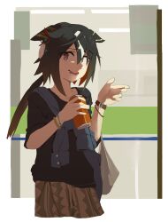  1girl absurdres animal_ears bag black_hair bracelet brown_hair can commentary_request cowboy_shot cropped_legs drink_can ear_ornament earrings ears_down empty_eyes greyscale hair_between_eyes hands_up highres holding holding_can horse_ears jewelry lemon_shodai long_hair looking_at_viewer monochrome multicolored_eyes multicolored_hair nervous nervous_smile official_alternate_costume open_mouth ponytail raised_inner_eyebrows shirt smile solo stay_gold_(casual)_(umamusume) stay_gold_(umamusume) two-tone_eyes umamusume wristband yellow_eyes 