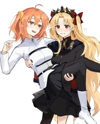  2girls asymmetrical_legwear belt black_jacket black_pantyhose black_skirt blonde_hair boots bow breasts carrying chaldea_master_uniform commentary_request earrings ereshkigal_(fate) ereshkigal_(third_ascension)_(fate) fate/grand_order fate_(series) fujimaru_ritsuka_(female) gold_earrings hair_bow hair_ornament hair_scrunchie highres jacket jewelry long_hair long_sleeves medium_hair multiple_girls nail_polish open_mouth orange_eyes orange_hair pantyhose princess_carry red_bow red_eyes scrunchie shirt shoes side_ponytail simple_background skirt skull sweatdrop teeth tomina_1037 very_long_hair white_background white_boots white_shirt 