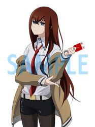  1girl anime_coloring arm_belt artist_request belt black_pantyhose black_shorts breast_pocket breasts brown_hair collared_shirt frown hair_between_eyes hair_over_shoulder hand_on_own_elbow holding jacket jacket_partially_removed leather_belt looking_at_viewer lowres makise_kurisu necktie official_art pantyhose pantyhose_under_shorts pocket promotional_art purple_trim red_necktie sample_watermark science_adventure shirt shorts small_breasts smile solo steins;gate violet_eyes watermark white_belt white_shirt 