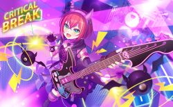  1girl :d animal_ears black_border black_gloves blue_eyes border bracelet character_name claw_pose commentary_request cosplay demon_tail dress electric_guitar fake_horns fingerless_gloves game_asset gloves guitar hair_between_eyes headphones highres holding holding_instrument hood horns instrument jewelry lens_flare letterboxed looking_at_viewer necktie neon_lights non-web_source official_art ongeki open_mouth pillarboxed plectrum purple_necktie red_hair self-datamine short_hair sleeveless smile solo standing studded_bracelet tail thigh-highs wang_xue world_dai_star yuuki_riku yuuki_riku_(cosplay) 