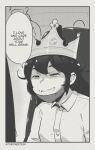  1girl artist_name burger_king collared_shirt crown english_commentary english_text greyscale lily_(tyrone) long_hair long_sleeves mask monochrome mouth_mask open_mouth original paper_crown shirt smirk solo speech_bubble teeth tyrone 