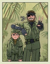  2boys :| arm_on_another's_head arm_rest beard big_boss black_gloves black_headband blonde_hair blue_eyes boioibozo border brown_hair chico_(metal_gear) closed_mouth commentary english_commentary facial_hair forest gloves green_eyes green_jacket green_pants grin headband height_difference highres jacket looking_at_viewer male_focus metal_gear_(series) multiple_boys mustache nature pants partially_fingerless_gloves short_hair smile v 