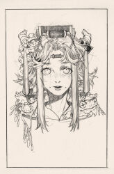  animal eyelashes frog hair_horns hair_ornament highres lips looking_up original parted_lips portrait qianfeng sketch tassel traditional_media 