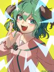  1girl animal_ears covering_mouth dog_ears dress frilled_sleeves frills green_eyes green_hair hand_over_own_mouth highres kasodani_kyouko one-hour_drawing_challenge open_mouth pink_dress short_hair shouting solo touhou twitter_username yamabiko yami_mystery 