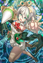  1girl :d absurdres ascot back_bow boots bow braid cecilia_immergreen cecilia_immergreen_(1st_costume) colored_inner_hair commentary_request corset cross-laced_clothes cross-laced_corset detached_collar detached_sleeves doll doll_joints double-parted_bangs gears gold_trim green_corset green_eyes green_hair green_streaks grey_hair hair_between_eyes high_heel_boots high_heels highres holding holding_polearm holding_weapon hololive hololive_english joints lance large_bow long_sleeves looking_at_viewer multicolored_hair open-toe_boots open_mouth outstretched_arm polearm puffy_long_sleeves puffy_sleeves red_ascot romper short_hair side_braid single_braid smile solo strapless_romper streaked_hair teeth teku_(2nd_escape) upper_teeth_only virtual_youtuber weapon white_romper winding_key 