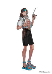  1boy abs absurdres belt belt_buckle black_shorts blue_headband blue_shoes brown_belt brown_eyes brown_hair buckle collared_shirt commentary_request full_body headband highres holding jewelry knife_sheath long_hair looking_at_viewer male_focus mura_karuki necklace open_clothes open_shirt pectorals sheath shirt shoes shorts simple_background smile solo white_background white_shirt 