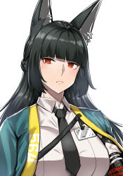  1girl animal_ear_fluff animal_ears aqua_jacket arm_out_of_sleeve black_hair black_necktie breasts bright_pupils closed_mouth commentary_request fox_ears fox_girl highres hoshimi_miyabi id_card jacket long_hair looking_to_the_side medium_breasts megao_3rd necktie parted_lips red_eyes shirt simple_background solo upper_body white_background white_pupils white_shirt zenless_zone_zero 