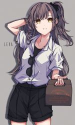  1girl absurdres arm_behind_head black_bow black_shorts bow brown_hair collarbone collared_shirt commentary_request girls'_frontline_2:_exilium girls_frontline grey_background hair_bow hand_up highres holding kakuzatou_(cubesugar03196) leva_(girls'_frontline_2) long_hair looking_at_viewer shirt shorts simple_background smile solo sunglasses teeth ump45_(girls'_frontline) white_shirt yellow_eyes 
