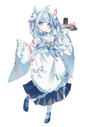  1girl :o absurdres ahoge apron blue_eyes blue_hair blue_shoes blue_socks cake cake_slice commentary_request cup enmaided food frilled_apron frilled_kimono frills full_body furisode hair_flaps hair_ornament hand_up highres holding holding_tray hololive hololive_dev_is japanese_clothes kimono lightning_ahoge loafers long_hair long_sleeves looking_at_viewer maid maid_apron mary_janes mizumiya_su multicolored_hair multicolored_kimono parted_lips pink_streaks pom_pom_(clothes) pom_pom_hair_ornament shoes simple_background sleeves_past_wrists socks solo streaked_hair tray twintails two-tone_hair ureinnn virtual_youtuber wa_maid white_apron white_background wide_sleeves yunomi 