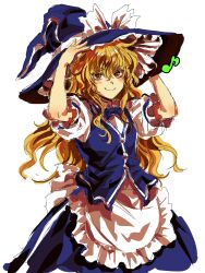 1girl adjusting_clothes adjusting_headwear apron blonde_hair blue_hat blue_skirt blue_vest commentary_request eighth_note frilled_apron frills hat highres hopeless_masquerade kirisame_marisa kuya_(hey36253625) long_hair looking_at_viewer musical_note shirt simple_background skirt smile solo spoken_musical_note touhou vest white_apron white_background white_shirt witch_hat yellow_eyes 
