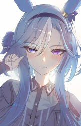  1girl admire_groove_(casual)_(umamusume) admire_groove_(umamusume) alt_text animal_ears blue_eyes blue_hair blush casual closed_mouth commentary_request dress ear_covers hairband heterochromia highres horse_ears horse_girl long_sleeves looking_at_viewer mole mole_under_mouth multicolored_hair orusun short_hair_with_long_locks simple_background smile solo streaked_hair umamusume upper_body violet_eyes white_streaks 