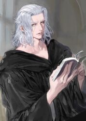  1boy absurdres adam's_apple against_wall black_robe book closed_mouth collarbone commentary curtained_hair doranatsu_(plant_ffxiv) emet-selch final_fantasy final_fantasy_xiv fingernails hands_up highres holding holding_book hooded_robe leaning_back looking_to_the_side male_focus medium_hair open_book parted_bangs robe sidelocks solo sophist's_robe_(ff14) turning_page untranslatable_commentary upper_body white_hair yellow_eyes 