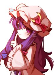  1girl blush closed_mouth commentary_request crescent crescent_hat_ornament dress finger_to_mouth frilled_sleeves frills hat hat_ornament highres illust_atelier3 long_hair long_sleeves looking_at_viewer mob_cap one-hour_drawing_challenge patchouli_knowledge pink_dress pink_hat purple_hair shushing simple_background smile solo touhou very_long_hair violet_eyes white_background wide_sleeves 