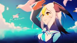 1girl ahoge animal arm_up bird bird_girl blonde_hair blue_hair blue_sky blurry character_name clouds commentary_request common_gull common_gull_(kemono_friends) day depth_of_field frilled_sleeves frills gradient_hair head_wings highres kemono_friends long_hair long_sleeves monkey_ears multicolored_hair outdoors revision sailor_collar seagull sky solo stylecase upper_body white_hair wings yellow_eyes