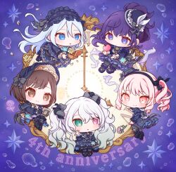  25-ji_miku 25-ji_nightcord_de._(project_sekai) 4girls :o akiyama_mizuki analog_clock apple asahina_mafuyu black_boots black_bow black_hairband black_shoes blue_dress blue_eyes blue_hair blue_hat blush boots bow brown_eyes brown_hair chibi chibi_only clock closed_mouth commentary_request double-parted_bangs dress food frilled_hairband frilled_sleeves frills fruit full_body green_eyes grey_hair hair_between_eyes hair_bow hairband hat hat_bow hatsune_miku heterochromia highres long_hair long_sleeves multiple_girls open_mouth oyasumirakko pink_eyes pink_hair ponytail project_sekai purple_hair shinonome_ena shoes short_hair side_ponytail smile violet_eyes yoisaki_kanade 