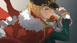  1girl absurdres adjusting_clothes adjusting_headwear aoinegima black_hat coat from_side fur-trimmed_coat fur_trim green_eyes green_shirt hat heaven_burns_red highres maruyama_kanata maruyama_kanata_(the_rising_regalia) military_uniform open_clothes open_coat shirt 