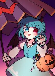  1girl :p blue_eyes blue_hair blue_vest blush candy commentary_request demon_wings fake_horns food gradient_background hairband halloween halloween_bucket halloween_costume heterochromia highres holding holding_umbrella horn_hairband horns illust_atelier3 juliet_sleeves karakasa_obake lollipop long_sleeves one-hour_drawing_challenge puffy_sleeves purple_umbrella red_eyes shirt signature smile solo swirl_lollipop tatara_kogasa tongue tongue_out touhou umbrella vest white_shirt wings 
