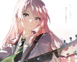  1girl bang_dream! bang_dream!_it's_mygo!!!!! chihaya_anon chinese_commentary closed_mouth commentary_request diagonal-striped_clothes diagonal-striped_necktie fang green_necktie grey_eyes grey_jacket guitar haneoka_school_uniform highres holding holding_guitar holding_instrument instrument jacket long_hair necktie pink_hair plectrum pointy_ears school_uniform shirt solo striped_clothes striped_necktie translation_request tumaomao upper_body white_shirt 