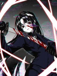  1girl absurdres black_gloves black_hair black_jacket black_pants black_shirt blood blood_on_face blood_on_weapon collared_shirt commentary_request cowboy_shot dhlrhkrwnals glitch gloves highres holding holding_sword holding_weapon jacket korean_commentary limbus_company long_hair long_sleeves multicolored_hair necktie ootachi pants parted_bangs parted_lips pinky_(identity)_(project_moon) project_moon purple_streaks red_eyes ryoshu_(project_moon) scabbard sheath shirt sidelocks slashing solo streaked_hair suit sword unsheathing very_long_hair weapon 