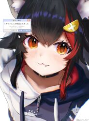  1girl animal_ear_fluff animal_ears black_hair breasts close-up hair_ornament highres hololive looking_at_viewer medium_breasts nanone_illust ookami_mio ookami_mio_(hoodie) orange_eyes red_hair solo tail wolf_ears wolf_girl wolf_tail 