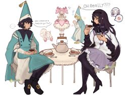  !? ... 4girls agott_arklaum_(tongari_boushi_no_atelier) akemi_homura akemi_homura_(magical_girl) anger_vein argyle_clothes argyle_thighhighs black_collar black_eyes black_hair black_shoes blush bow bowtie cake chair closed_mouth coco_(tongari_boushi_no_atelier) collar cup dress english_text food fork frilled_skirt frills green_dress green_hair green_hat hair_bow hat high_collar highres holding holding_cup holding_saucer kaname_madoka kaname_madoka_(magical_girl) kyubey long_hair long_sleeves looking_at_another mahou_shoujo_madoka_magica medium_hair multiple_girls nose_blush open_mouth own_hands_together pink_bow pink_dress pink_hair puffy_short_sleeves puffy_sleeves purple_bow purple_bowtie purple_skirt saucer shirt shoes short_hair short_sleeves simple_background sitting skirt speech_bubble spoken_anger_vein strawberry_cake table tablecloth tea teacup teapot thisbambo tongari_boushi_no_atelier twintails white_background white_dress white_shirt 