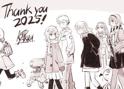  1boy 2025 5girls artist_name backpack bag bags_under_eyes breaching_girl_(kato_takuji) character_request coat expressionless_kouhai_(kato_takuji) gun hairband hand_in_pocket highres holding holding_gun holding_weapon jitome kato_takuji long_hair looking_at_another ma_no_mono-tachi_wa_kuwadateru mittens mole mole_under_mouth monster multiple_girls new_year no_mouth original pants pet_robot_hunter_(kato_takuji) robot running sanshita_gyaru_(kato_takuji) scarf sepia short_hair shotgun sideways_mouth skirt walking weapon winter_clothes winter_coat 