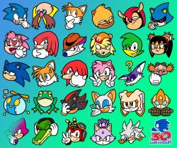  6+boys 6+girls ? amy_rose animal_ears animal_nose anniversary bark_the_polar_bear bat_girl bean_the_dynamite big_the_cat bird black_fur black_hair blaze_the_cat blue_eyes blue_fur body_fur brown_eyes brown_fur buck_teeth cat_ears cat_girl charmy_bee cigar cigarette classic_eggman closed_eyes closed_mouth cowboy_hat cream_the_rabbit crocodilian crossed_arms detective double_v dr._eggman emerl_(sonic) emoji espio_the_chameleon eyelashes eyeshadow facial_hair fang_the_sniper forehead_jewel fox_boy frog froggy_(sonic) furry furry_female furry_male glasses gloves goggles goggles_on_head green_background green_eyes grin hairband hand_on_own_chin hat headphones heart heart-shaped_eyes heart-shaped_pupils hedgehog highres holding honey_the_cat jpsupper knuckles_the_echidna looking_at_viewer makeup metal_sonic mighty_the_armadillo multiple_boys multiple_girls mustache non-web_source omochao one_eye_closed open_mouth orange_fur own_hands_together pink_fur pink_hair ponytail purple_fur rabbit_girl ray_the_flying_squirrel red_eyes red_fur red_hair red_hairband robot rouge_the_bat shadow_the_hedgehog silver_the_hedgehog simple_background smile smoking smoking_pipe sonic_(series) sonic_the_hedgehog stroking_own_chin sunglasses symbol-shaped_pupils tails_(sonic) teeth thinking topknot twintails v vector_the_crocodile white_fur white_gloves wrench yellow_eyes yellow_fur 