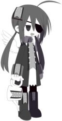  1girl ahoge alela_grora_(funamusea) angel angel_wings boots buttons coat cuffs eyepatch feathered_wings funamusea funamusea_(artist) grey_coat grey_eyes grey_hair haiiro_teien hair_ornament holding long_coat low_twintails official_art one_eye_covered open_mouth simple_background solo standing twintails watering_can white_background wings 