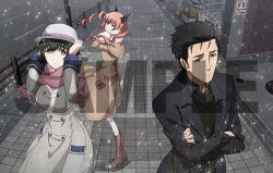  1boy 2girls akiha_rumiho animal_ears anime_coloring artist_request black_coat black_hair black_jacket black_shirt black_vest boots bow breasts brown_boots brown_bow brown_coat brown_eyes building casual cat_ears character_name character_profile chestnut_mouth coat coat_bow collared_shirt crossed_arms dress_shirt drill_hair dusk fake_animal_ears fur-trimmed_coat fur_trim green_eyes grey_coat grey_hat hand_in_own_hair hand_on_headwear hand_on_own_hat hat jacket knee_boots large_breasts looking_at_viewer lowres medium_breasts multicolored_eyes multiple_girls official_art okabe_rintarou okabe_rintarou_(beta) open_collar open_mouth outdoors outstretched_arm page_number pantyhose pink_eyes pink_hair pov purple_scarf road round_teeth sad sample_watermark scarf science_adventure shiina_mayuri shirt short_hair snow steins;gate steins;gate_0 street sun teeth tongue twin_drills vest watermark web_address white_pantyhose wind winter_clothes 