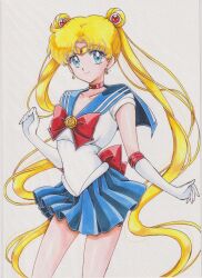  1girl absurdres back_bow bishoujo_senshi_sailor_moon blonde_hair blue_eyes blue_sailor_collar blue_skirt bow breasts chikoto_(kztc4472) choker circlet closed_mouth collarbone commentary crescent crescent_choker crescent_earrings curtained_hair double_bun earrings elbow_gloves gem gloves gold_circlet hair_bun hair_ornament hand_up highres jewelry leotard lone_nape_hair long_hair looking_at_viewer magical_girl medium_breasts miniskirt paper_texture parted_bangs photo_(medium) pleated_skirt red_bow red_choker red_gem red_trim sailor_collar sailor_moon sailor_senshi_uniform short_sleeves simple_background skirt smile solo standing transformation_brooch_(sailor_moon) tsukino_usagi twintails very_long_hair white_background white_gloves white_leotard 