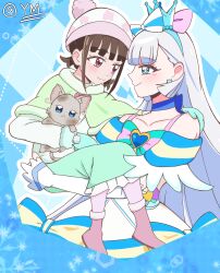  age_difference arm_warmers bare_shoulders blue_choker blue_crown blue_eyes bow brooch choker commentary_request crown crown_earrings cure_nyammy dirty dress_bow earrings frilled_arm_warmers frills heart heart_brooch highres jeta2024 jewelry mini_crown multicolored_bow nekoyashiki_mayu nekoyashiki_yuki nekoyashiki_yuki_(cat) pact_holder pointed_crown precure white_arm_warmers wonderful_precure! 