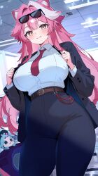  1girl absurdres animal_ears artist_name belt black-framed_eyewear black_jacket black_pants blush breasts brown_belt ceiling ceiling_light chattino_(raora_panthera) closed_mouth collared_shirt commentary english_commentary eyewear_on_head fingernails hair_intakes highres hololive hololive_english huge_breasts indoors jacket long_hair long_sleeves looking_at_viewer multicolored_hair nail_polish o-rindou5100 open_clothes open_jacket panther_ears panther_girl panther_tail pants pink_hair pink_nails pink_tail raora_panthera shirt smile streaked_hair sunglasses tail thighs tile_ceiling tiles two-tone_hair virtual_youtuber white_shirt yellow_eyes 